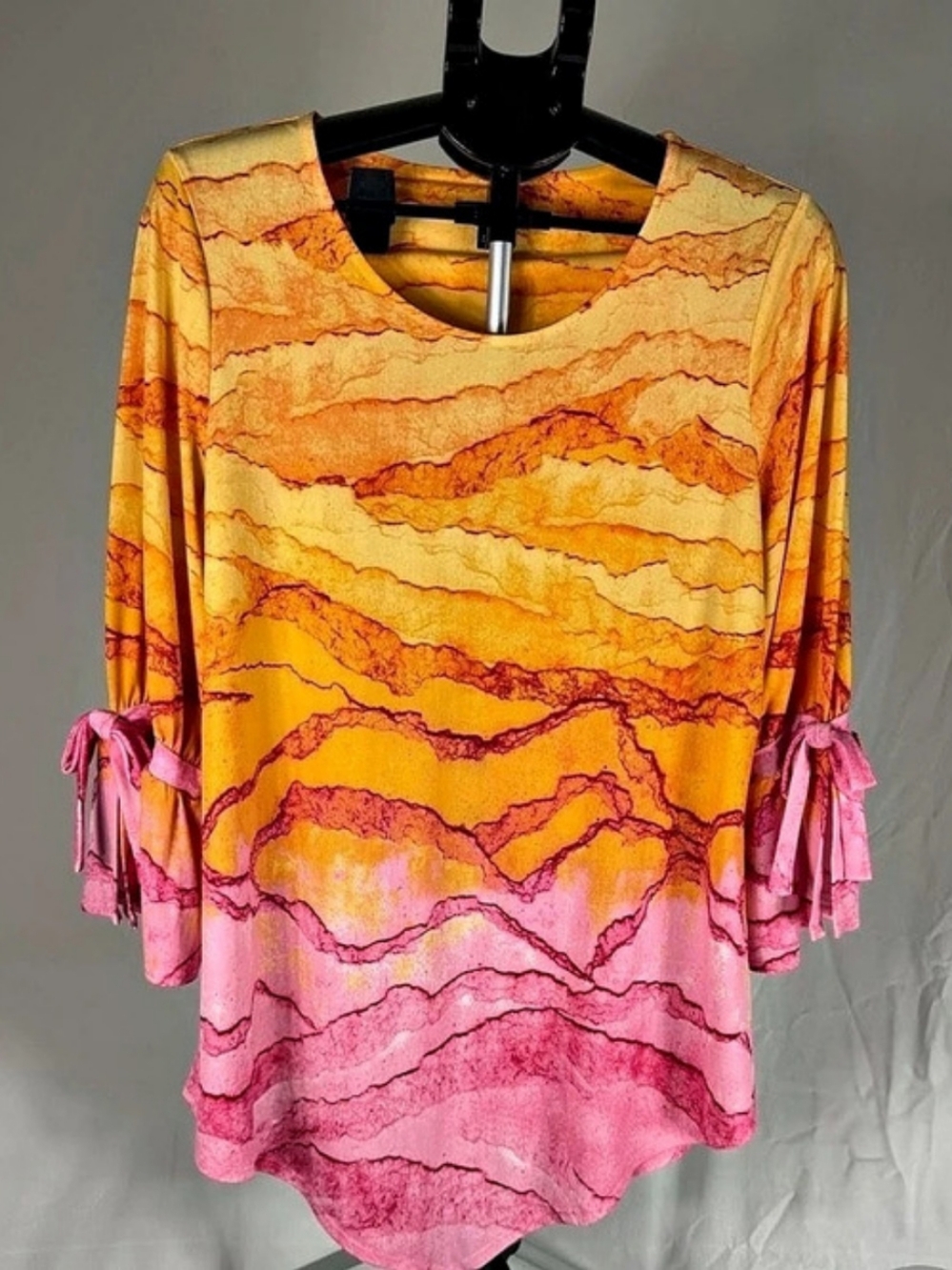 Alfani Abstract Print Tie Sleeve Blouse in Orange & Pink
